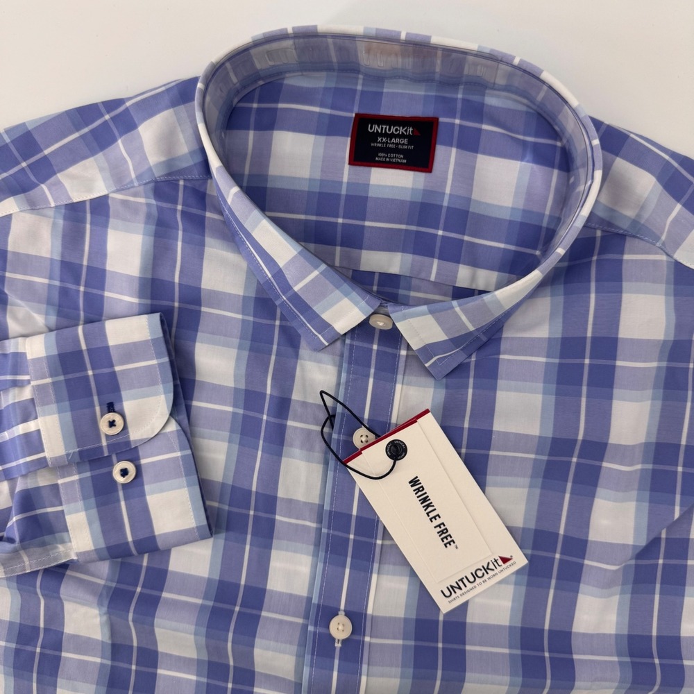 UNTUCKit Gillingham Shirt Mens XXL Blue Plaid Slim‎ Fit Wrinkle Free Long Sleeve